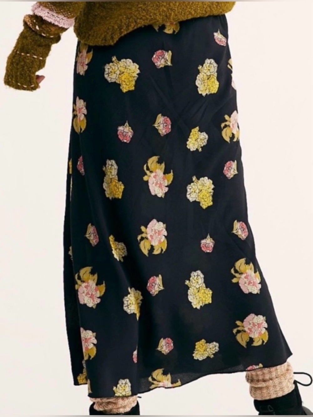 Free people Kendall black, pink, yellow floral midi skirt